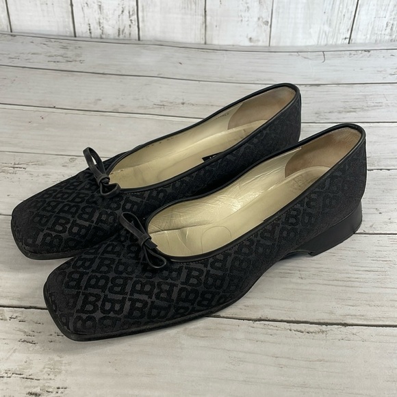 Bally Takawa Black Fabric Logo Pattern Bow Square Toe Flat - Picture 3 of 14